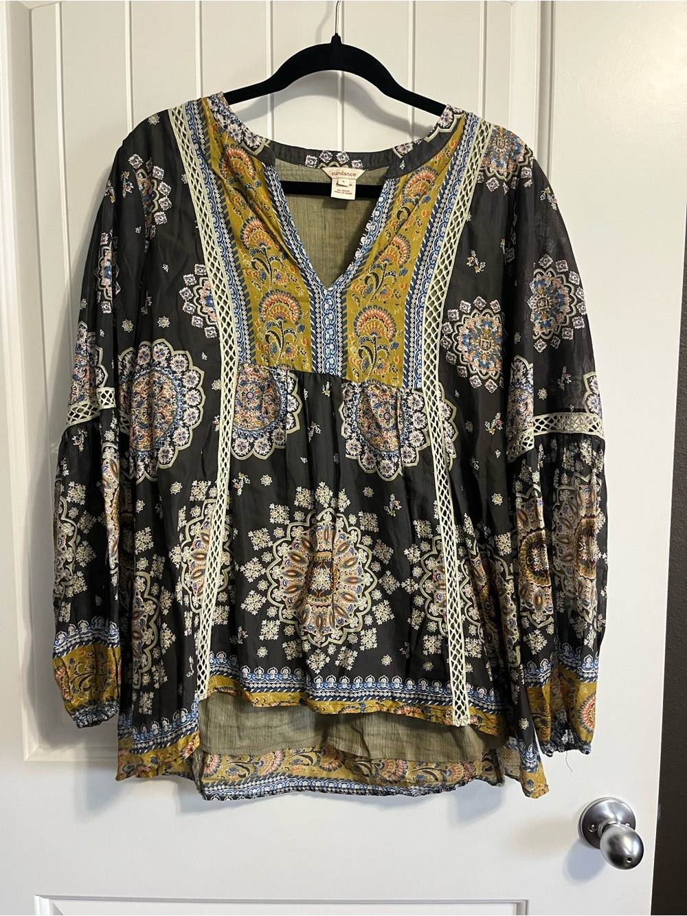 Sundance Carrina Boho Mix Print Peasant Blouse Medallions Sz Large 100% Cotton